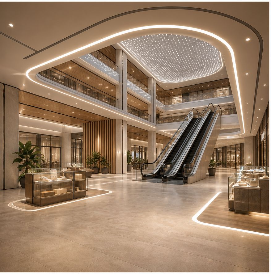 Three-storey atrium with escalators
