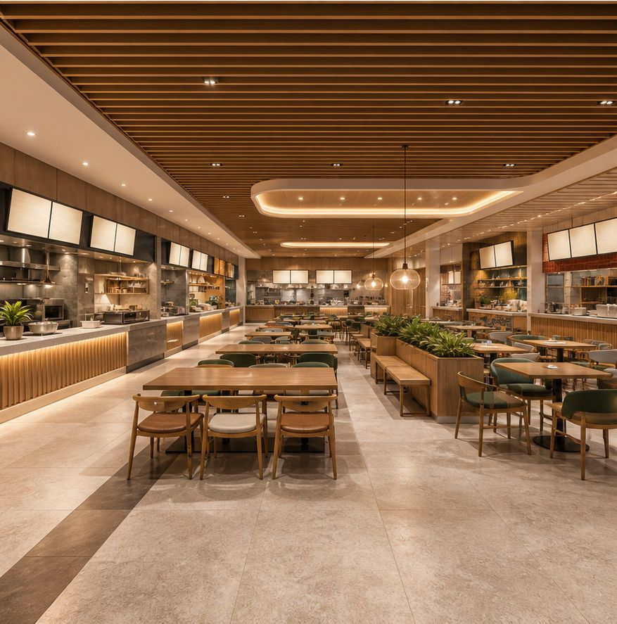 Food hall with timber ceiling