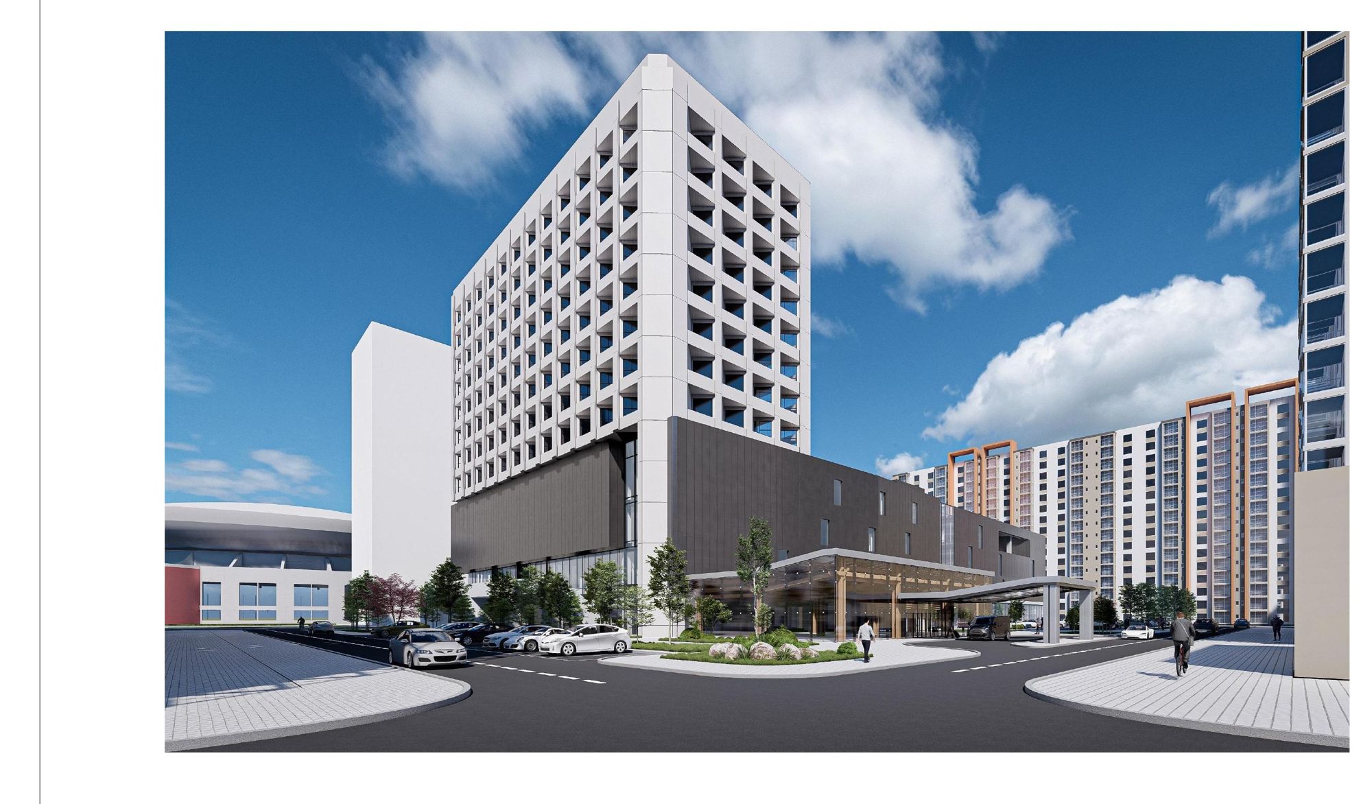 Saruul Denj render: white hotel tower above a dark podium