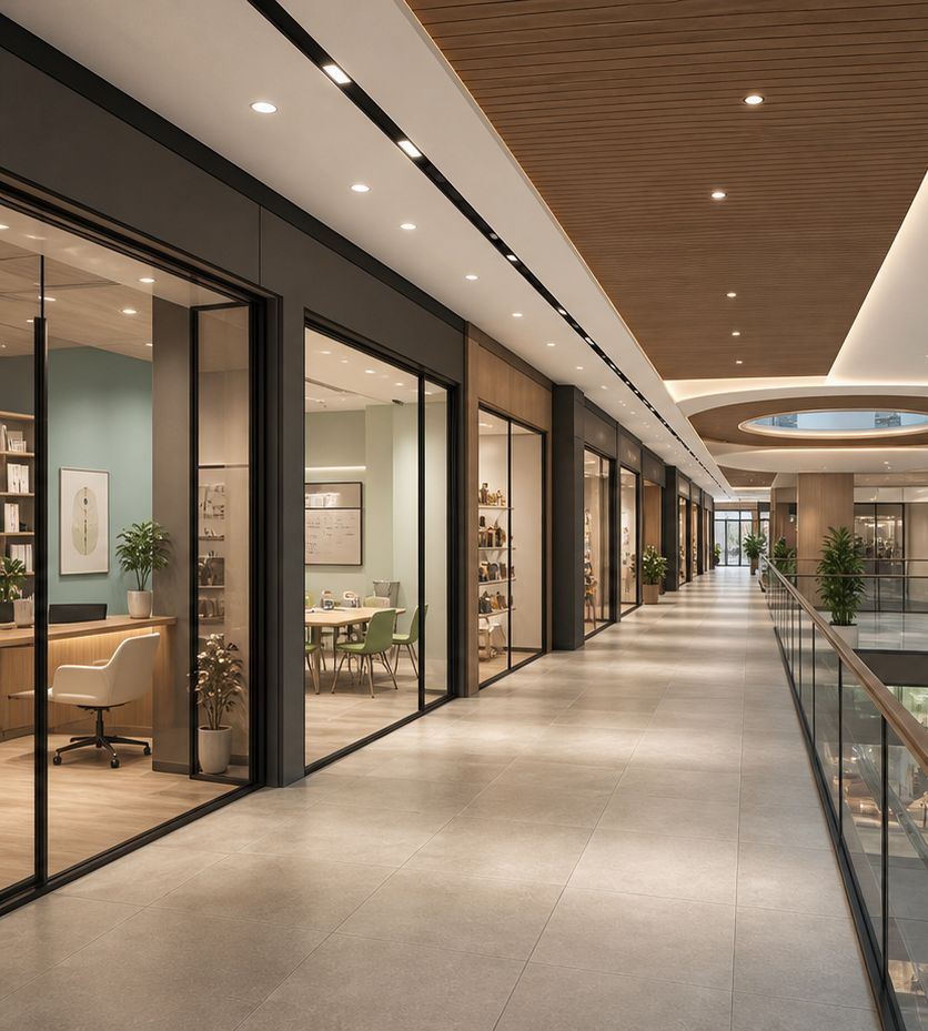 Retail corridor with glass shopfronts