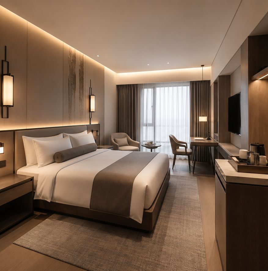 Hotel room with warm lighting