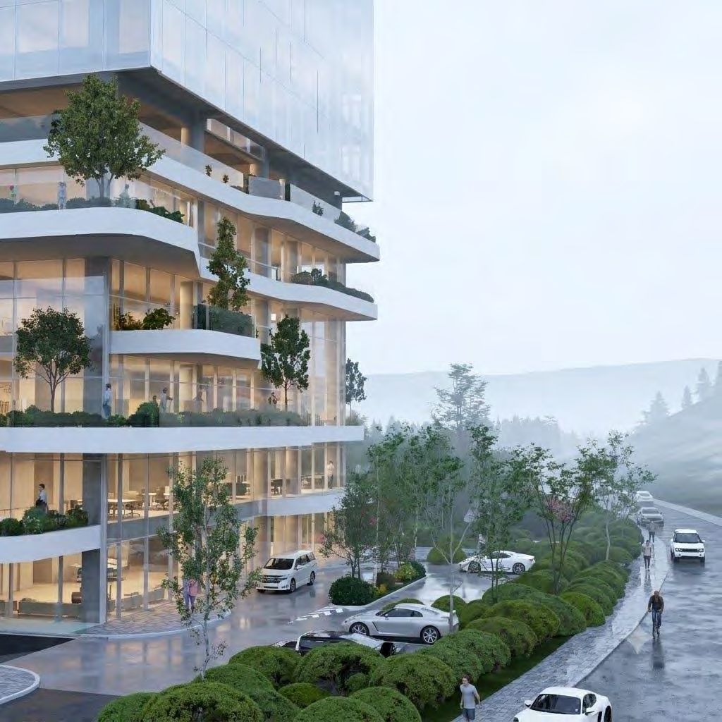 Street-level render of the planted terraces