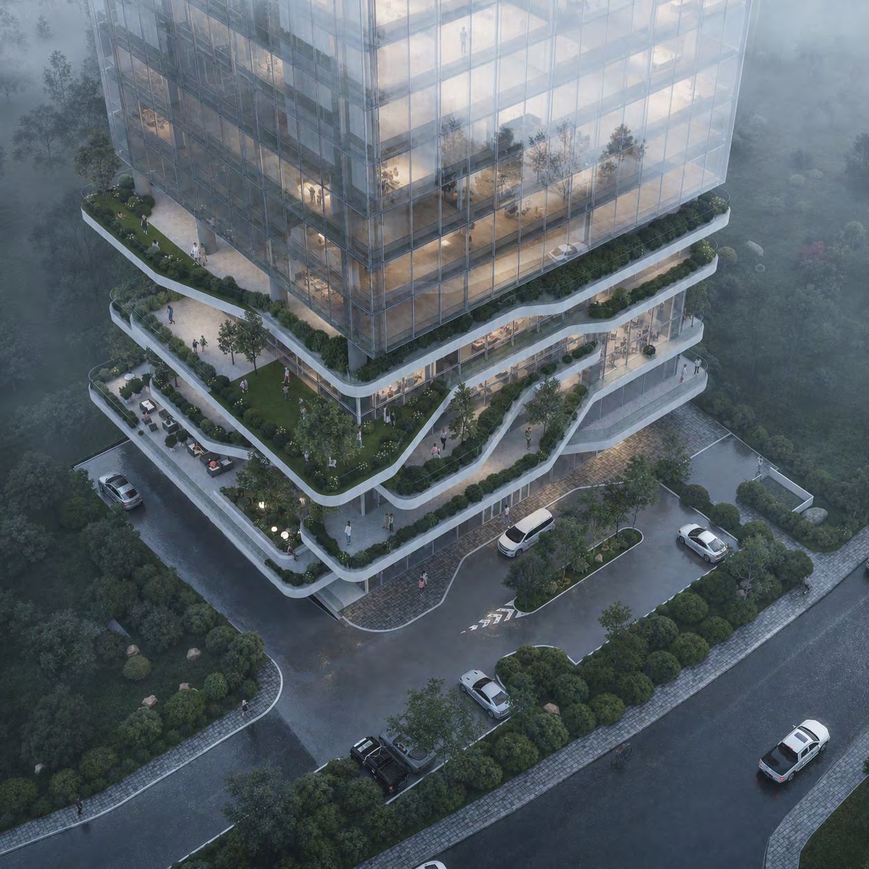 Aerial render of the planted terraces wrapping the lower floors