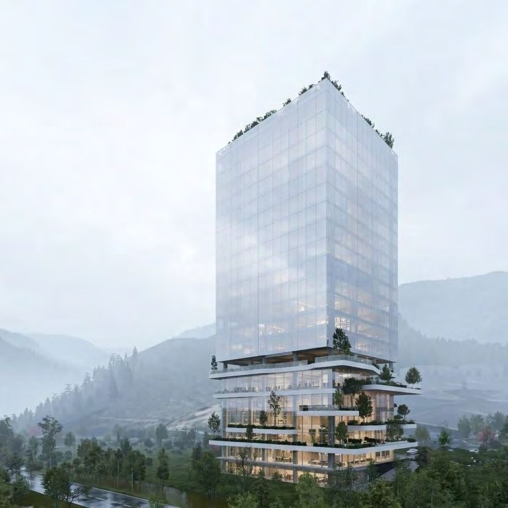 Render of Zaisan Tower: a glass tower above terraced lower floors, with mountains behind